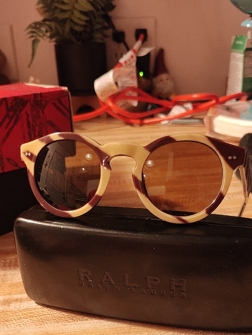 Ralph Lauren Two-Tone Round Tiger Stripe Sunglasses - Brown & Cream NEW Italy
